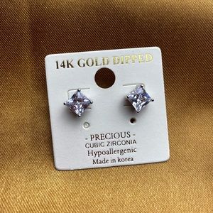 14k White Gold Dipped CZ Hypoallergenic Princess Cut Diamond Earring Set